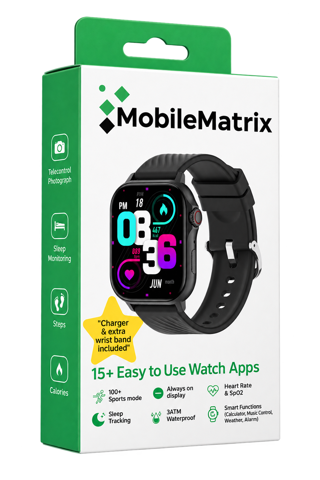 MobileMatrix™ AMOLED Smartwatch — 2.13″ Display, Bluetooth Calling, Black & Two Bands