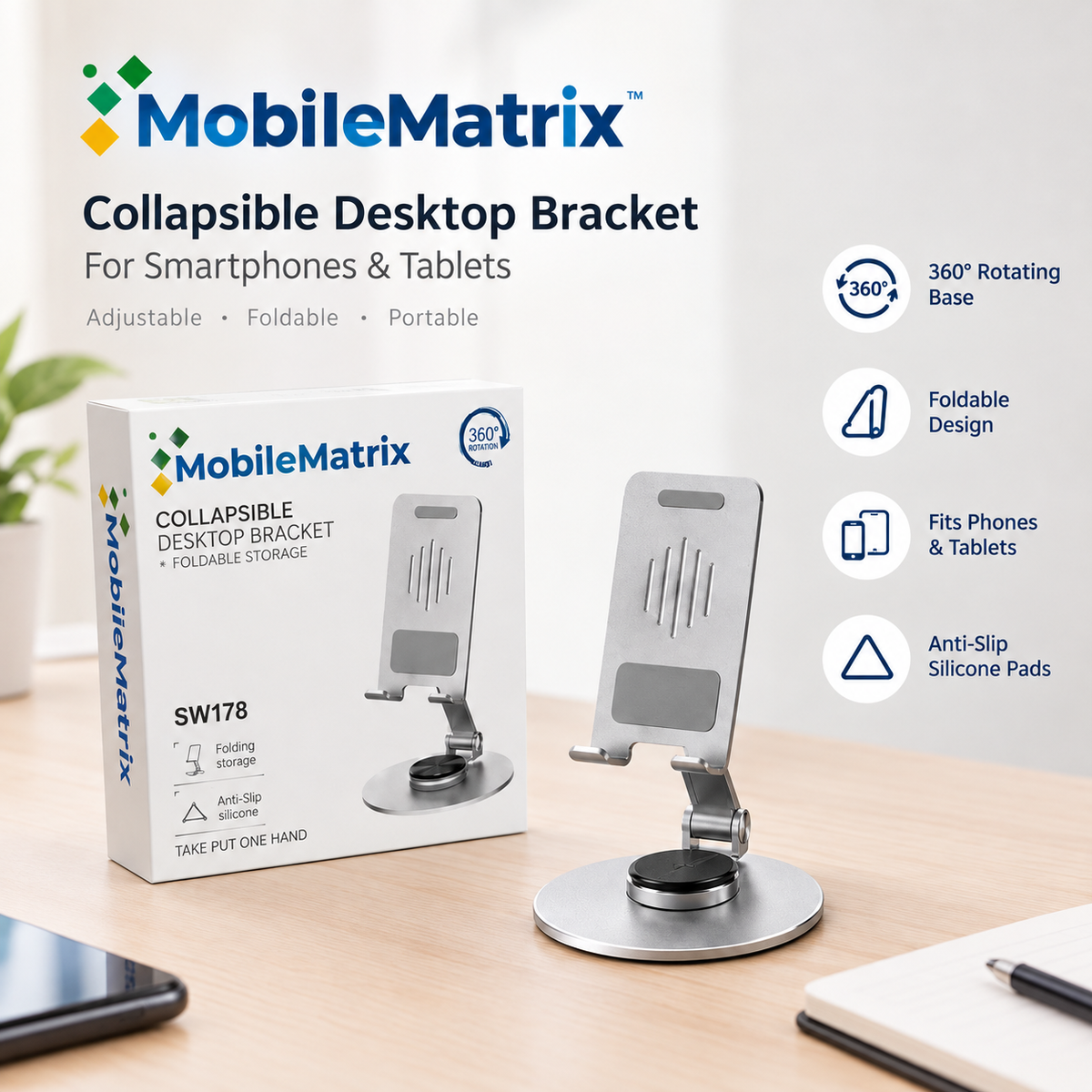 MobileMatrix™ SW178 Collapsible Desktop Bracket with 360° Rotation and Foldable Design — Silver