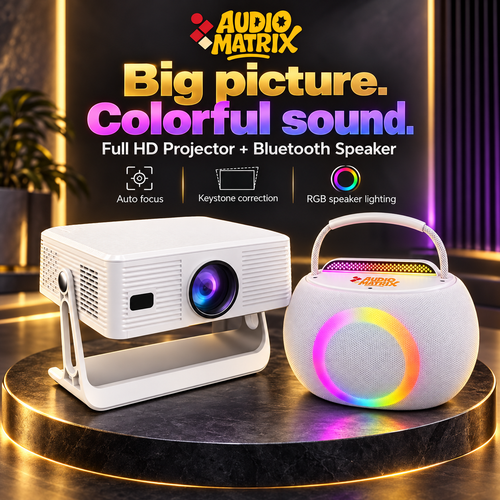 Audio Matrix T7 Smart Android FHD LED Projector & BoomBox Bluetooth Speaker Bundle