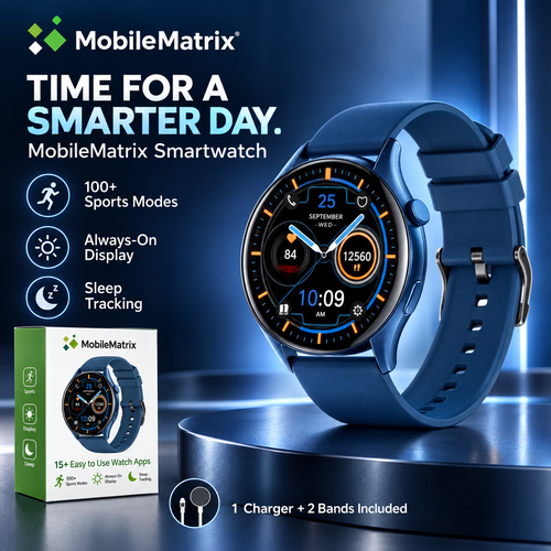 MobileMatrix™ Round AMOLED Smartwatch — Blue, Bluetooth Calling & Two Bands