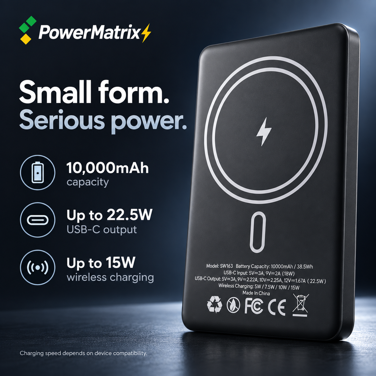 PowerMatrix™ 10,000mAh Magnetic Wireless Power Bank — 22.5W USB-C Fast Charging & 15W Wireless Charging