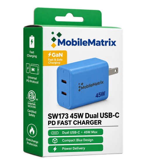MobileMatrix™ SW173 45W Dual USB-C GaN PD Wall Charger — Blue