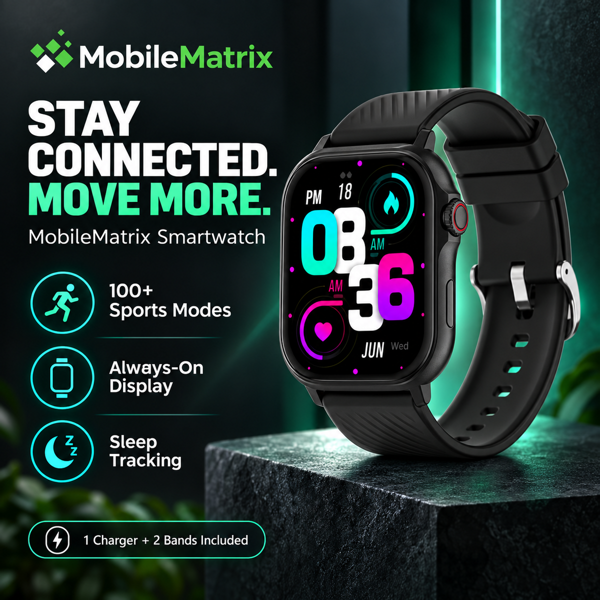 MobileMatrix™ AMOLED Smartwatch — 2.13″ Display, Bluetooth Calling, Black & Two Bands
