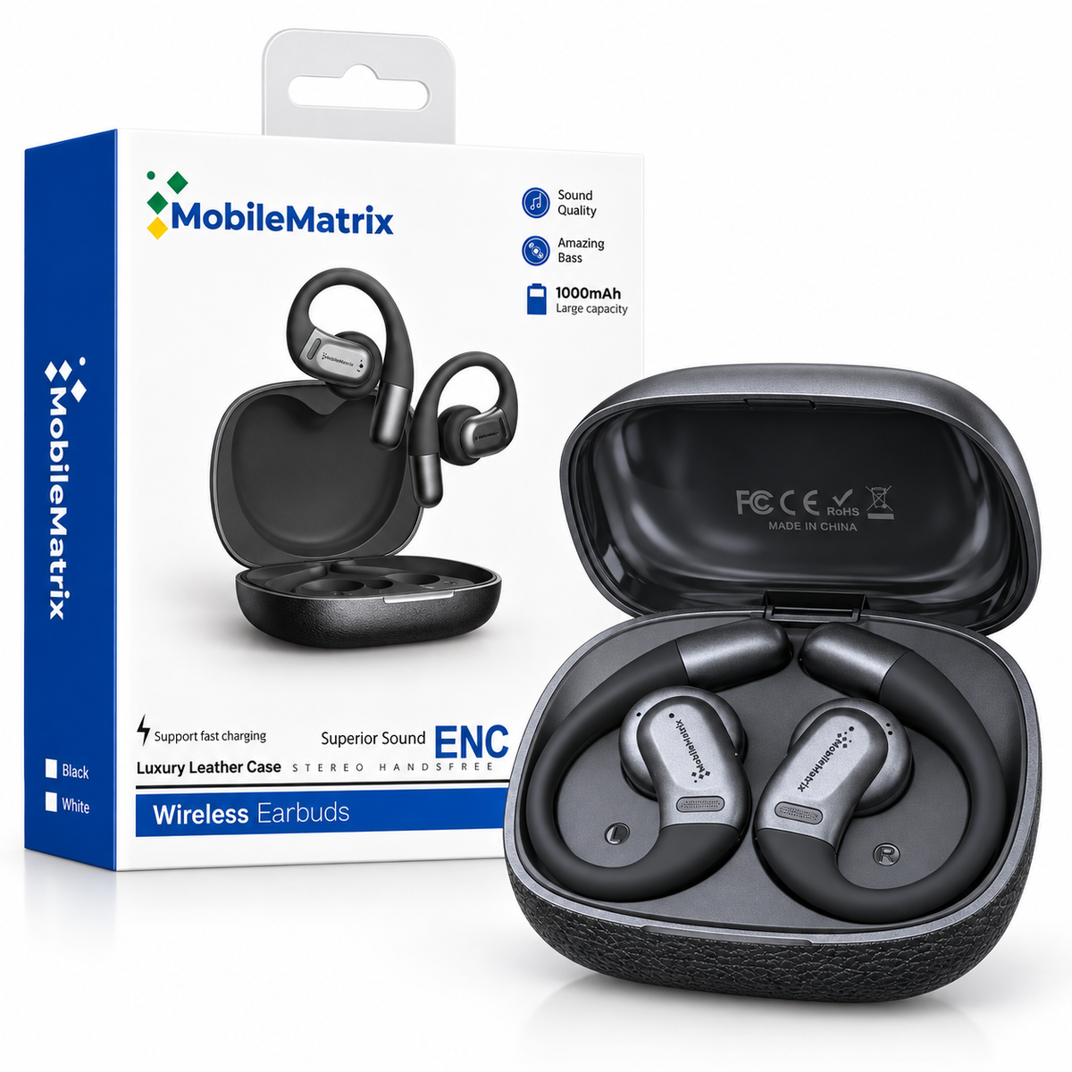 MobileMatrix™ OWS790 Open-Ear Wireless Earbuds with 16.2mm Drivers, ENC and 1000mAh Charging Case