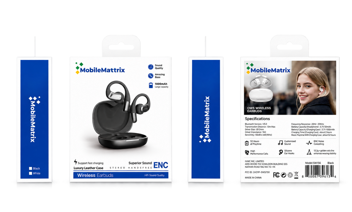 MobileMatrix™ OWS790 Open-Ear Wireless Earbuds with 16.2mm Drivers, ENC and 1000mAh Charging Case