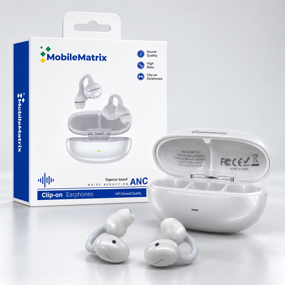 MobileMatrix™ Clip510 Clip-On Wireless Earphones with ANC, Bluetooth 6.0 and Charging Case — Gloss White