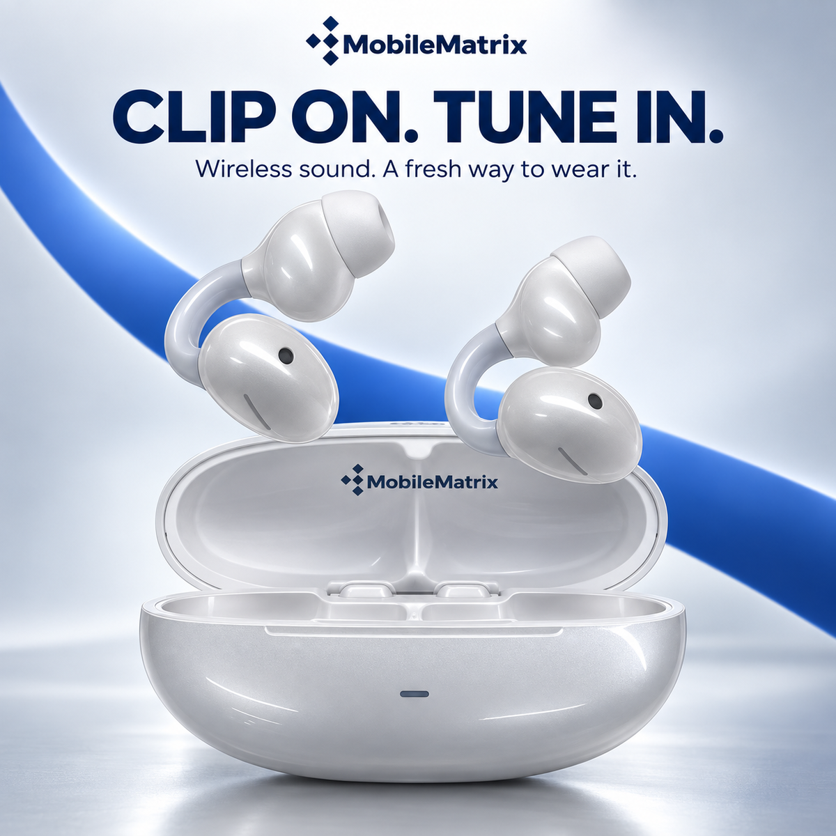 MobileMatrix™ Clip510 Clip-On Wireless Earphones with ANC, Bluetooth 6.0 and Charging Case — Gloss White