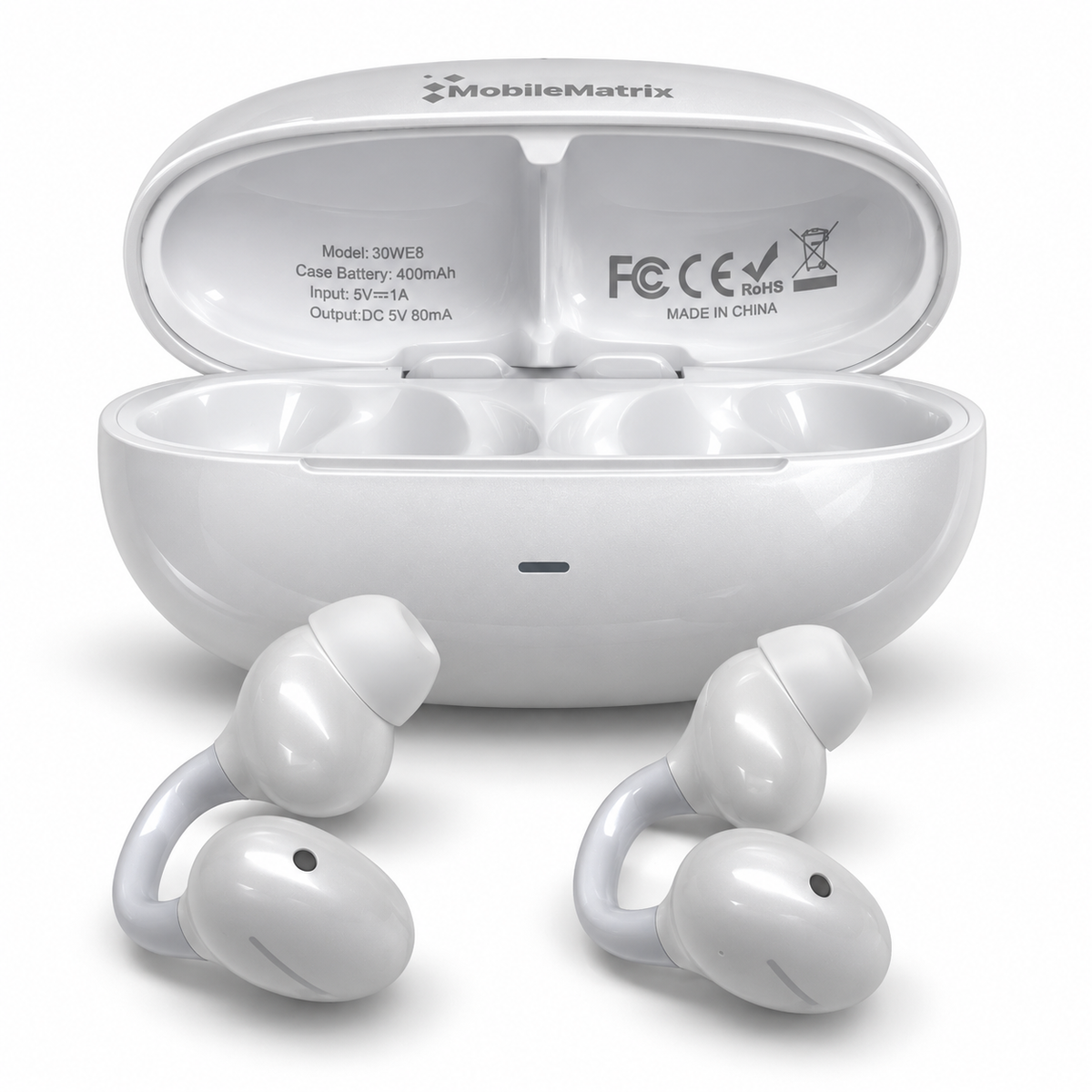 MobileMatrix™ Clip510 Clip-On Wireless Earphones with ANC, Bluetooth 6.0 and Charging Case — Gloss White
