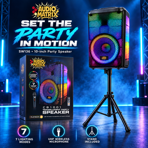AudioMatrix™ SW136 — 10-Inch Rechargeable Party Speaker with Stand