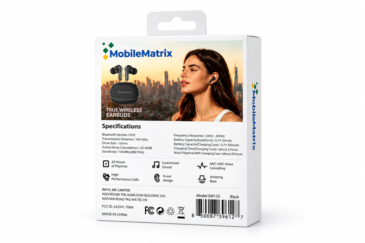 MobileMatrix™ SW155 True Wireless Earbuds with ANC Noise Reduction – Black