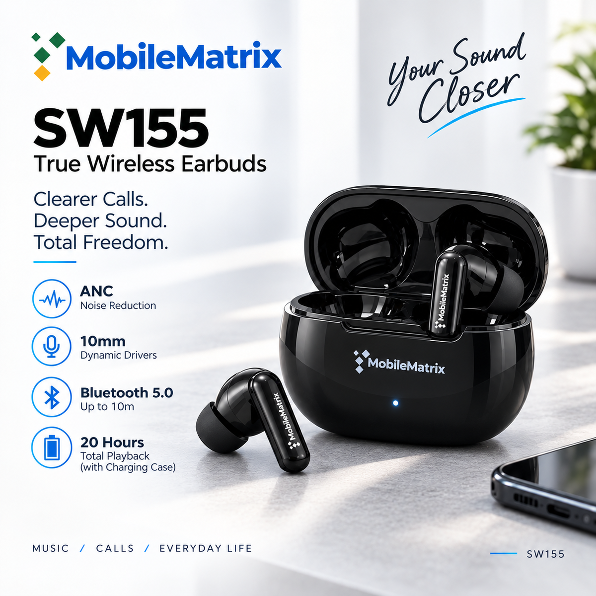 MobileMatrix™ SW155 True Wireless Earbuds with ANC Noise Reduction – Black