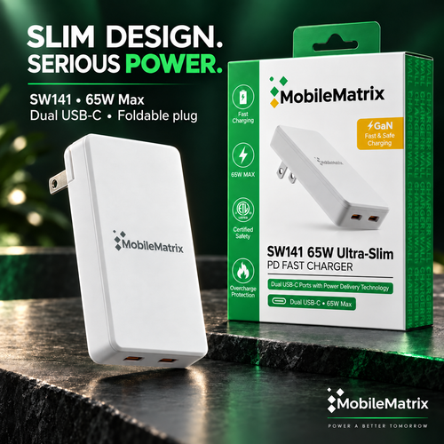 MobileMatrix™ SW141 65W Ultra-Slim Dual USB-C PD Wall Charger