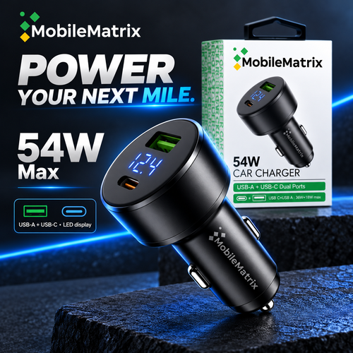 MobileMatrix™ 54W USB-C PD & USB-A Car Charger with LED Display — Black