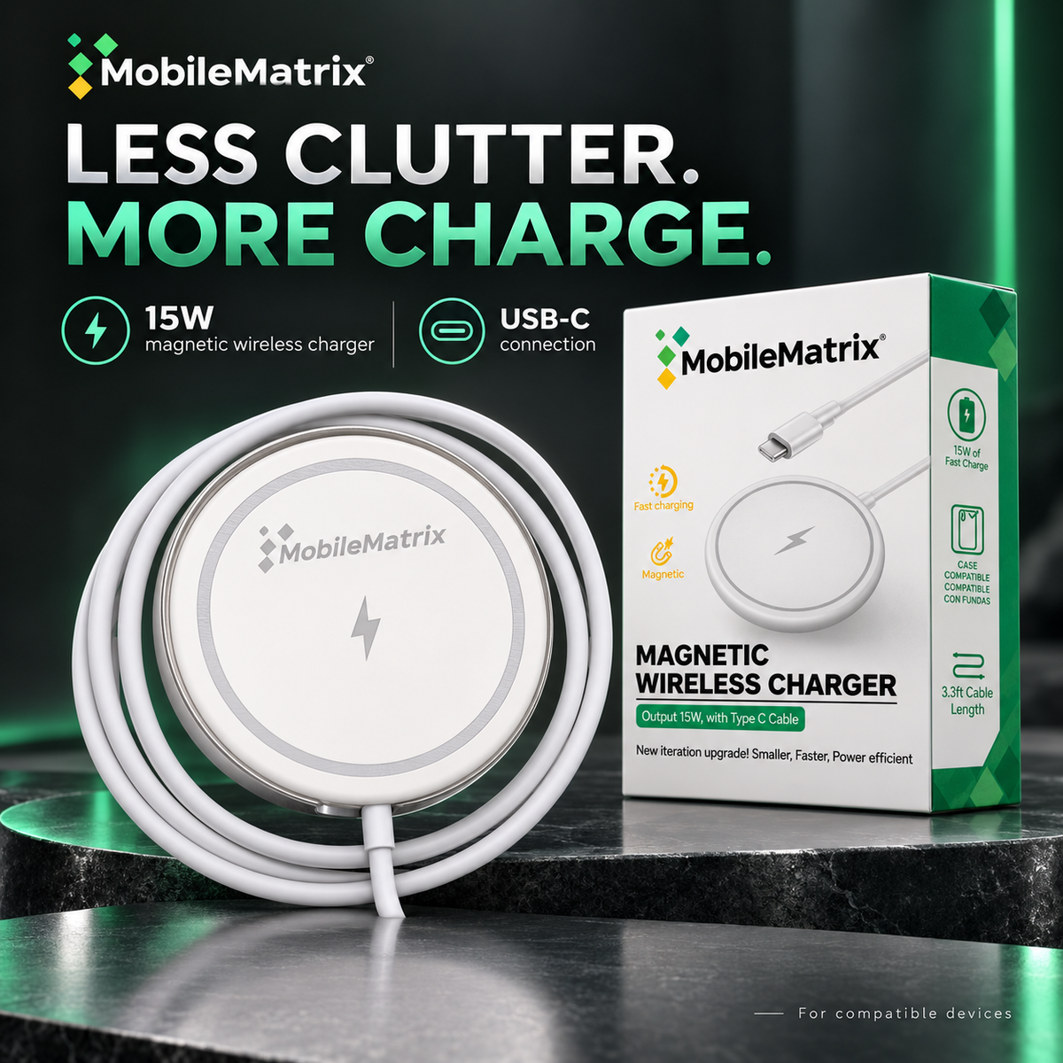 MobileMatrix™ 15W Magnetic Wireless Charging Pad with USB-C Cable — White