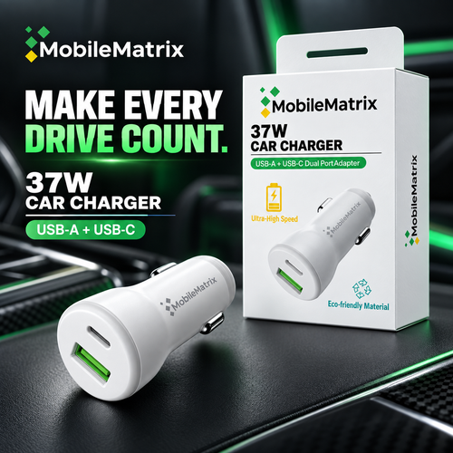 MobileMatrix™ 37W Dual-Port USB-C & USB-A Car Charger — White