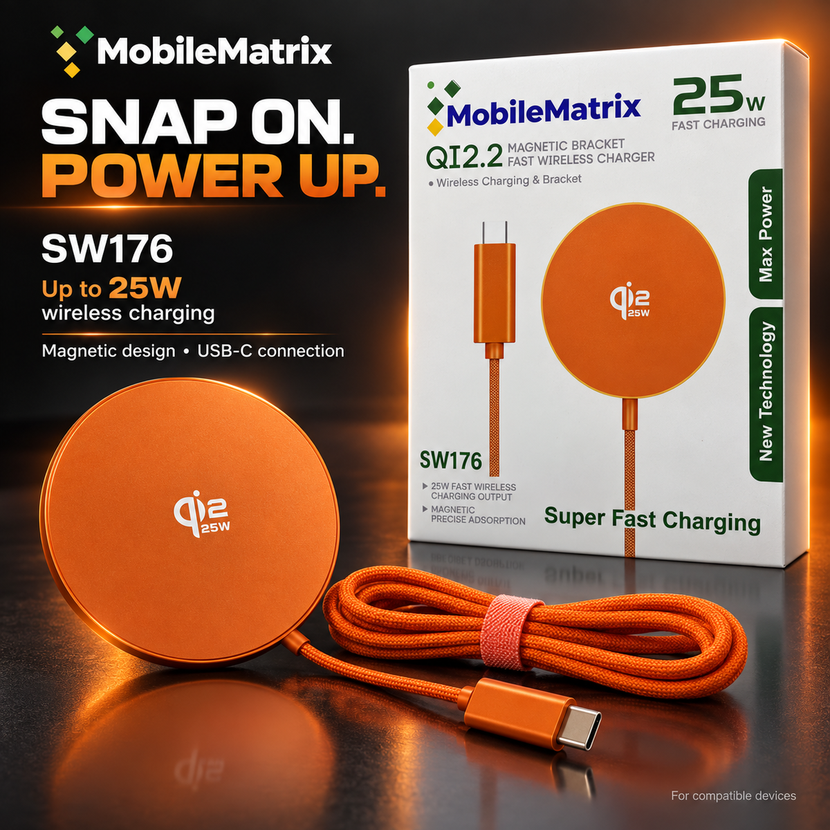 MobileMatrix™ SW176 25W Magnetic Wireless Charger with Folding Stand  Orange